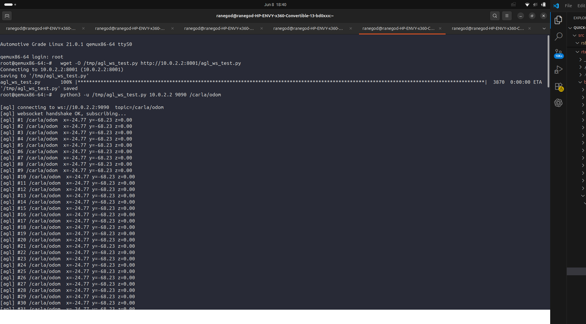 The AGL QEMU serial console streaming a continuous list of /carla/odom messages received over rosbridge
