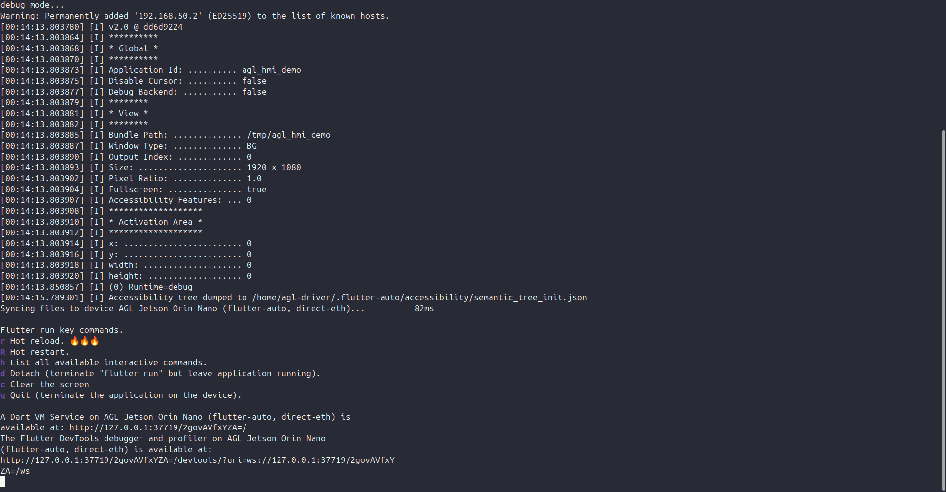 The laptop terminal running flutter run against the Jetson, showing a hot reload completing in a fraction of a second.