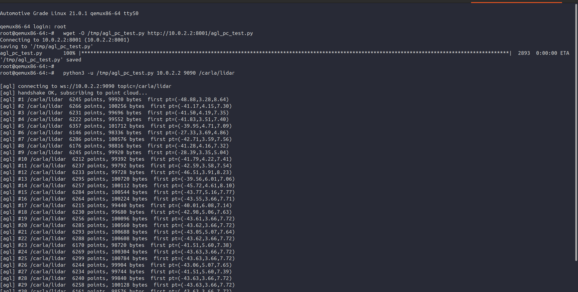 The AGL QEMU console streaming live /carla/lidar point-cloud frames received over rosbridge