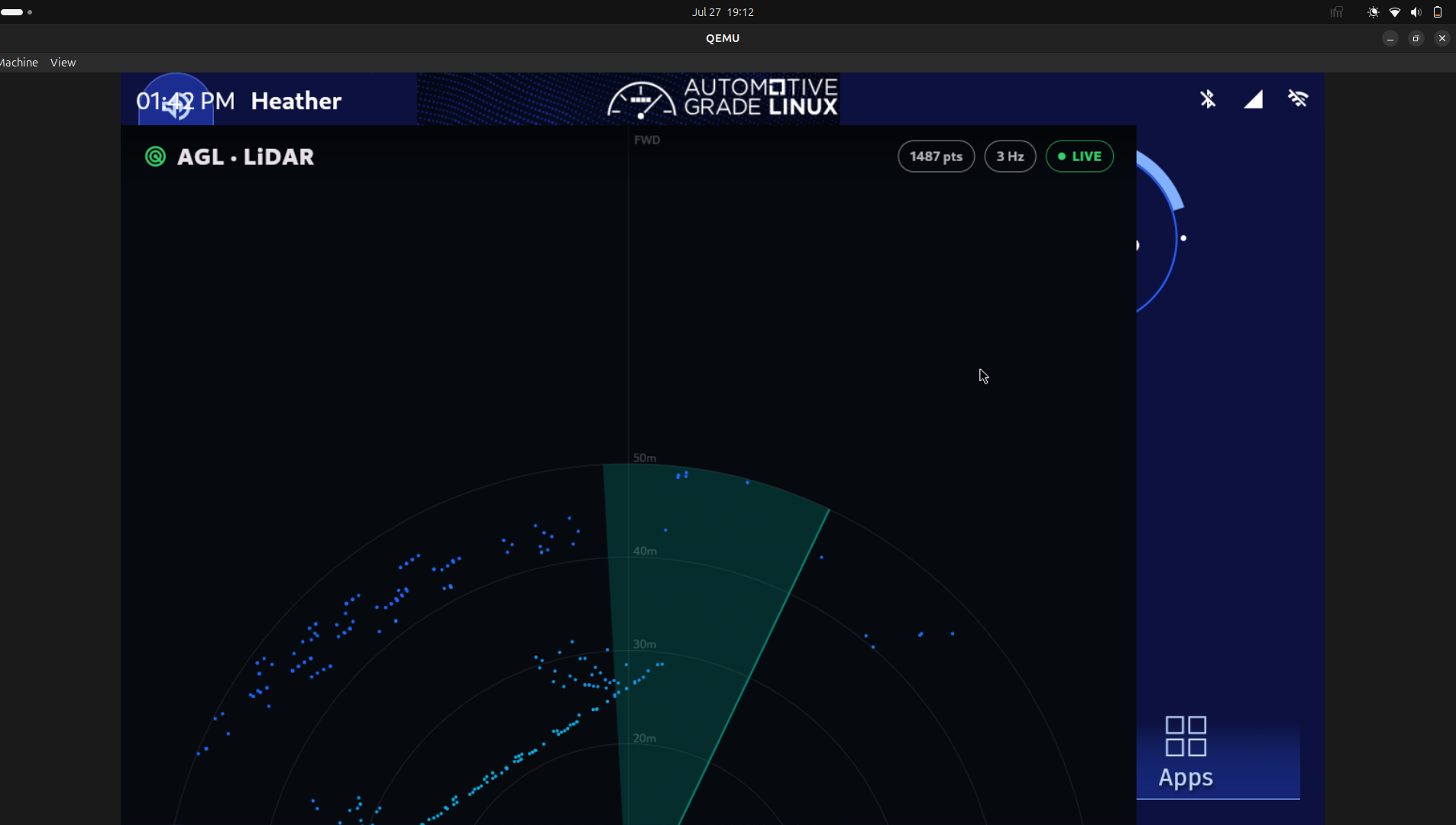 The AGL Flutter LiDAR dashboard showing a live recorded CARLA point cloud, with a green LIVE badge and a point count in the top bar.